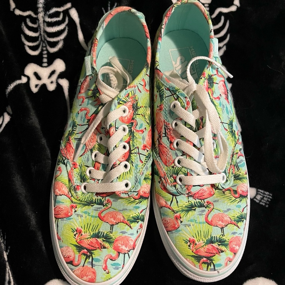 Vans Flamingo Print Athletic Shoes - Green and Pink